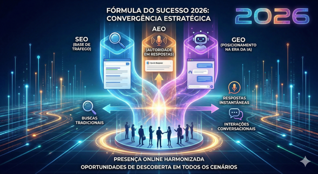 A fórmula do sucesso 2026 para as empresas no digital é a convergência entre SEO, GEO e AEO.